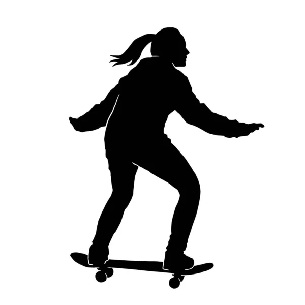 Silueta Vector Skateboarder Femenino Sobre Fondo Blanco — Vector de stock