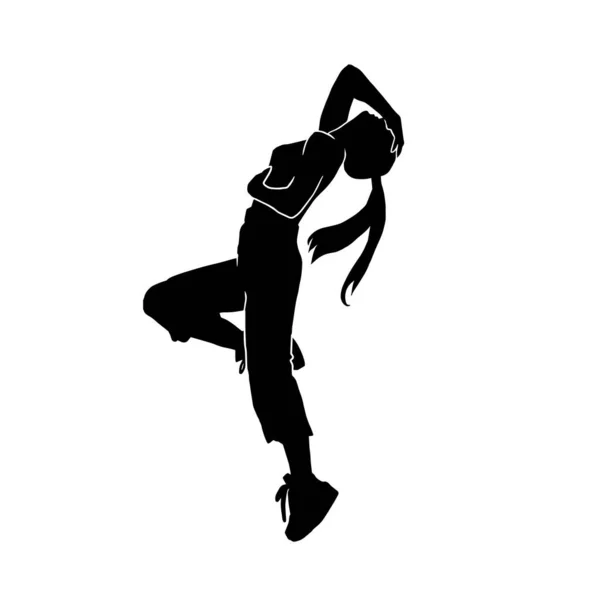 白い背景に極端な動きベクトルシルエットの若い女性ヒップホップダンサー — ストックベクタ