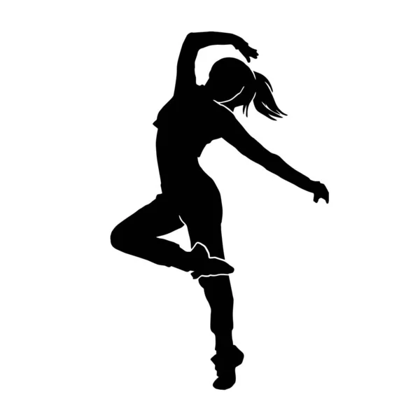 Young Female Hip Hop Dancer Extreme Movement Vector Silhouette White — Stock Vector