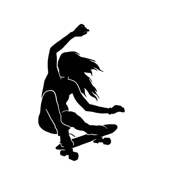 Vrouwelijke Skateboarder Vector Silhouet Witte Achtergrond — Stockvector