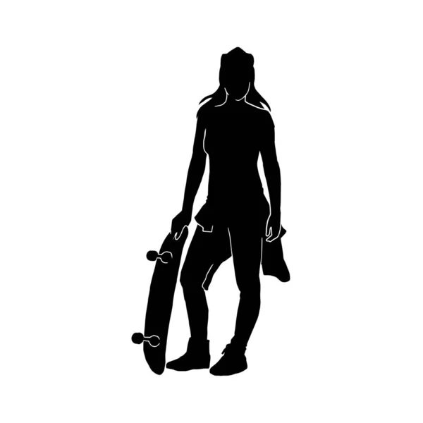 Samice Skateboarder Vektor Silueta Bílém Pozadí — Stockový vektor