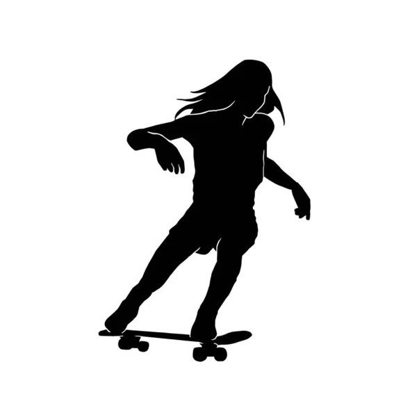 Vrouwelijke Skateboarder Vector Silhouet Witte Achtergrond — Stockvector