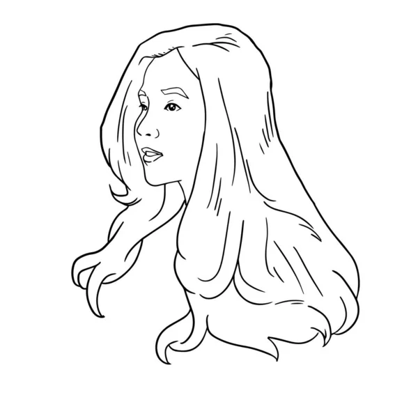 Long Haired Beautiful Woman Face Illustration Sketch — Stock Vector