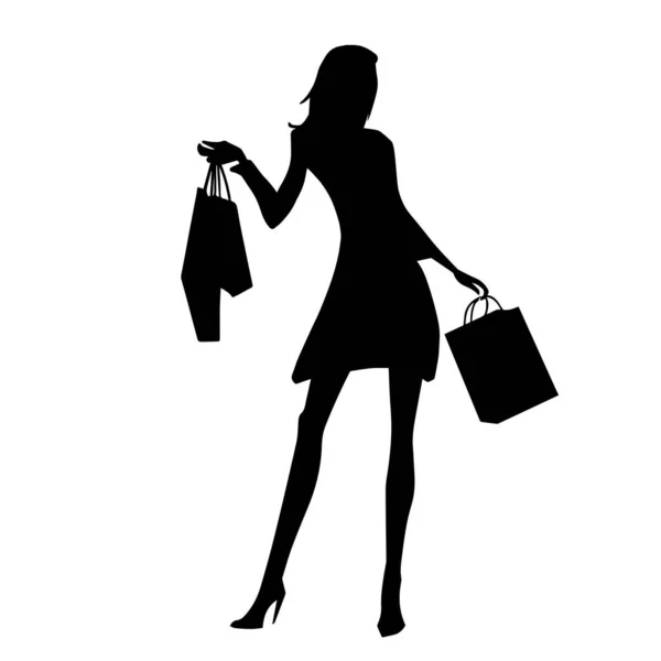 Vector Silhouette Woman Shopping Bag White Background — Stock Vector