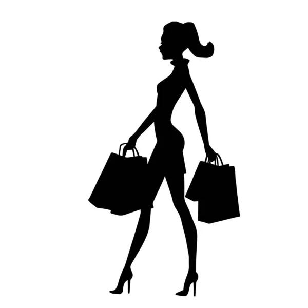 Vector Silhouette Woman Shopping Bag White Background — Stock Vector