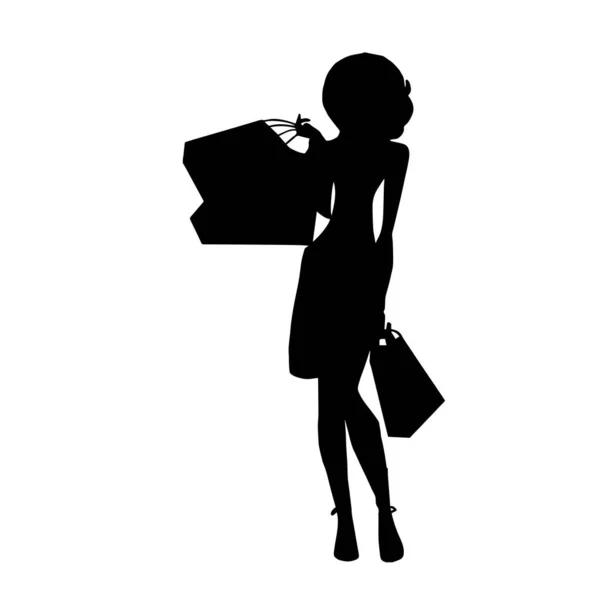 白い背景に買い物袋を持った女性のベクトルシルエット — ストックベクタ
