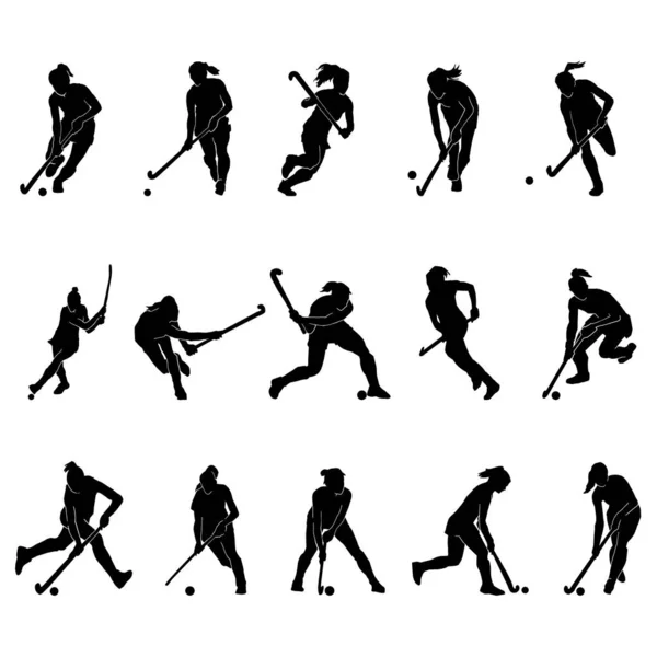 Set Von Feldhockey Weibliche Vektor Silhouette Auf Weißem Hintergrund — Stockvektor