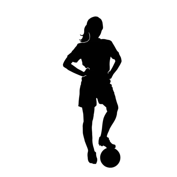 Vrouwelijke Voetballer Met Bal Vector Silhouet Wit — Stockvector