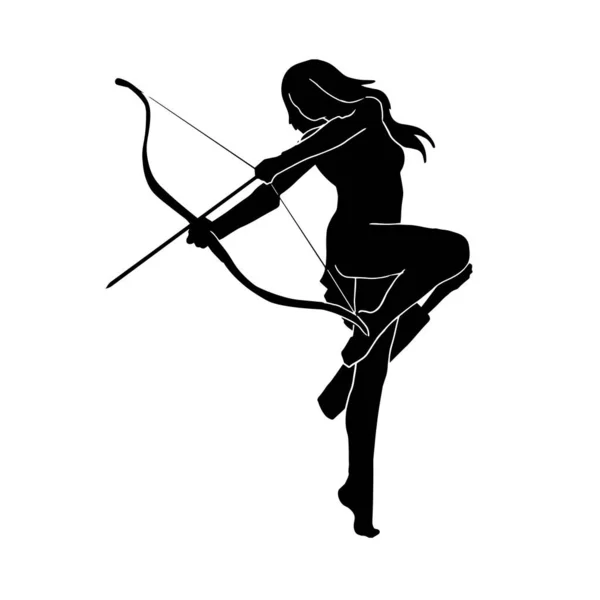 Silueta Guerrero Arquero Femenino Con Una Flecha Tradicional Apuntando Objetivo — Vector de stock