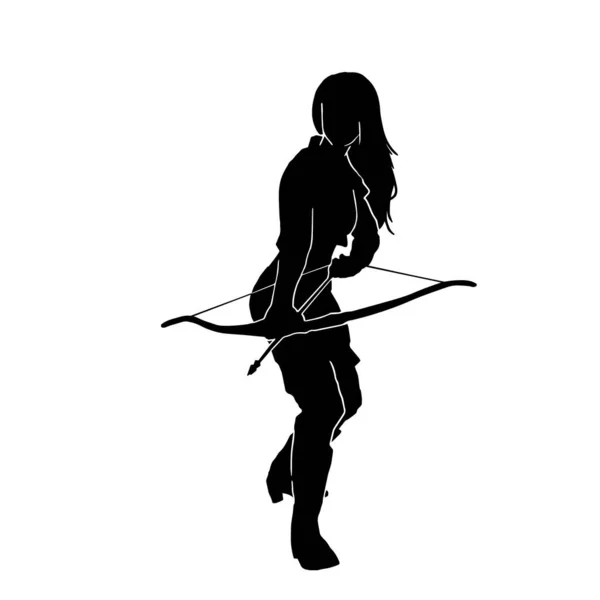 Silhouette Female Archer Action Pose Silhouette Woman Arrior Arch Bow — Stock Vector