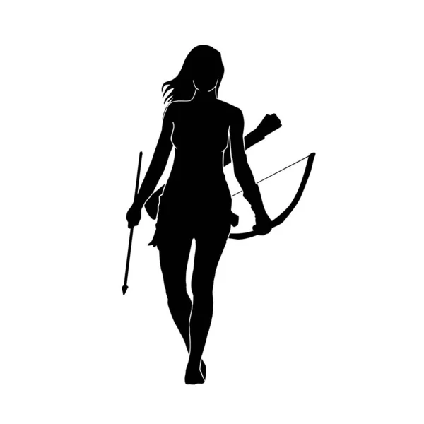 Prajurit Pemanah Wanita Siluet Dengan Panah Tradisional Membidik Target - Stok Vektor