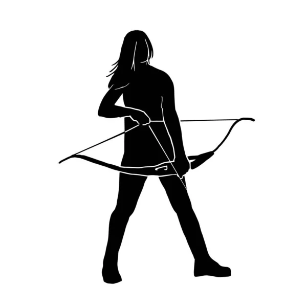 Bogenschützinnen Silhouette Mit Einem Traditionellen Pfeil Der Auf Ein Ziel — Stockvektor