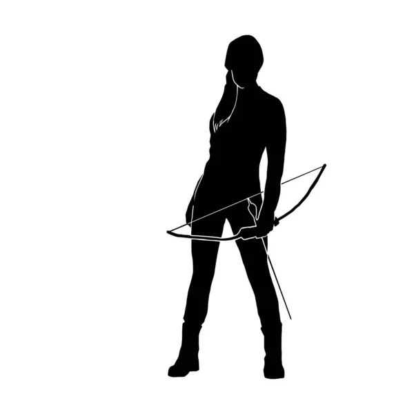 Female Archer Warrior Silhouette Traditional Arrow Aiming Target — Stock Vector