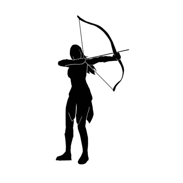 用传统箭瞄准目标的女弓箭手轮廓 — 图库矢量图片