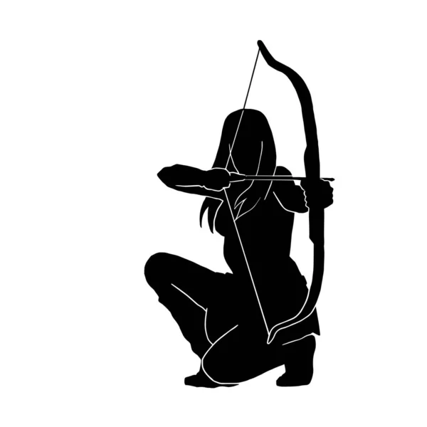 Female Archer Warrior Silhouette Traditional Arrow Aiming Target — Stock Vector