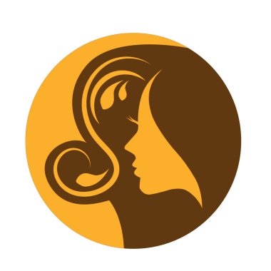 Uzun saçlı, siluetli, stilize edilmiş güzel bir kadın yüzü. Kadın kuaför logosu ya da sembol..