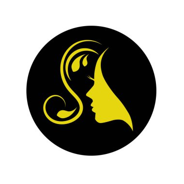 Uzun saçlı, siluetli, stilize edilmiş güzel bir kadın yüzü. Kadın kuaför logosu ya da sembol..