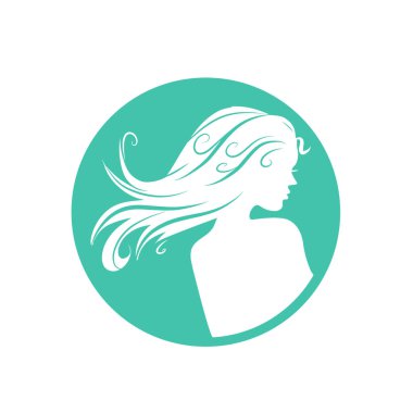 Uzun saçlı, siluetli, stilize edilmiş güzel bir kadın yüzü. Kadın kuaför logosu ya da sembol..