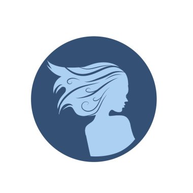 Uzun saçlı, siluetli, stilize edilmiş güzel bir kadın yüzü. Kadın kuaför logosu ya da sembol..