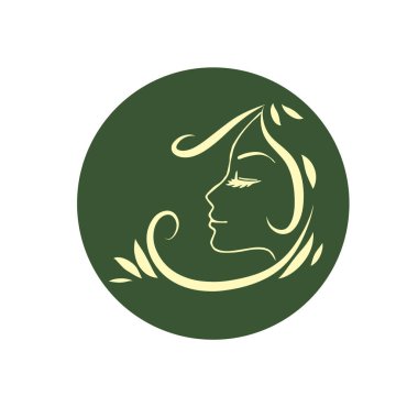 Uzun saçlı, siluetli, stilize edilmiş güzel bir kadın yüzü. Kadın kuaför logosu ya da sembol..