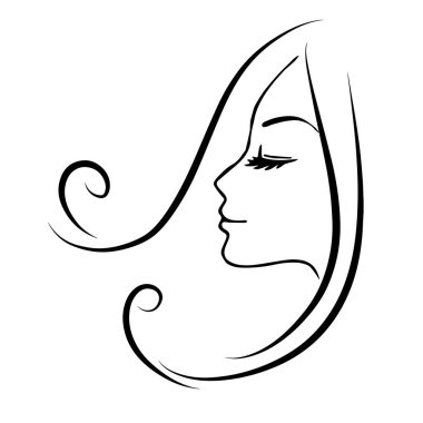 Uzun saçlı, siluetli güzel bir kadın yüzü. Kadın saçı güzellik salonu logosu ya da sembol. 