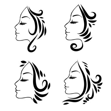 Uzun saçlı, siluetli güzel bir kadın yüzü. Kadın saçı güzellik salonu logosu ya da sembol. 