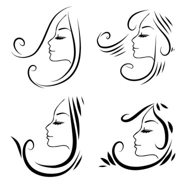 Uzun saçlı, siluetli güzel bir kadın yüzü. Kadın saçı güzellik salonu logosu ya da sembol. 