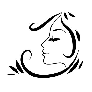 Uzun saçlı, siluetli güzel bir kadın yüzü. Kadın saçı güzellik salonu logosu ya da sembol. 