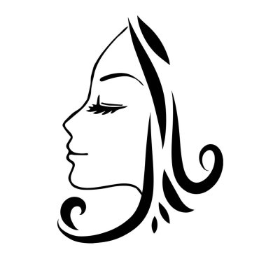Uzun saçlı, siluetli güzel bir kadın yüzü. Kadın saçı güzellik salonu logosu ya da sembol. 
