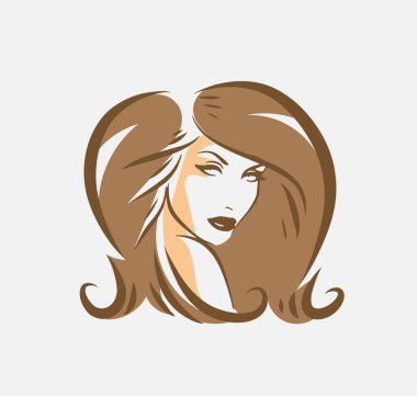 Uzun saçlı, siluetli güzel bir kadın yüzü. Kadın saçı güzellik salonu logosu ya da sembol. 