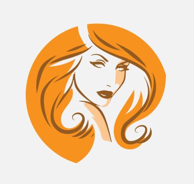 Uzun saçlı, siluetli güzel bir kadın yüzü. Kadın saçı güzellik salonu logosu ya da sembol. 