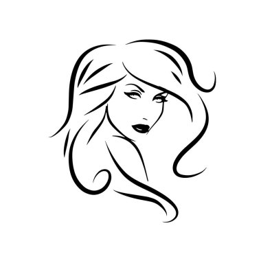 Uzun saçlı, siluetli güzel bir kadın yüzü. Kadın saçı güzellik salonu logosu ya da sembol. 