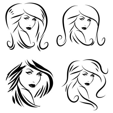 Uzun saçlı, siluetli güzel bir kadın yüzü. Kadın saçı güzellik salonu logosu ya da sembol. 