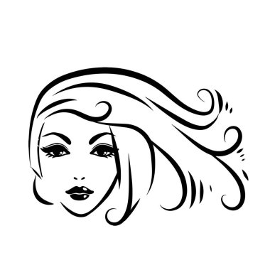 Uzun saçlı, siluetli güzel bir kadın yüzü. Kadın kuaför logosu ya da sembol..