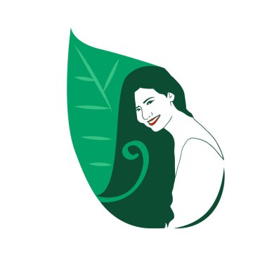 Kadın kafası ve su damlası silueti. Uzun saçlı, siluetli güzel bir kadın yüzü. Kuaför logosu ya da sembol..