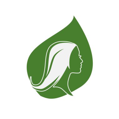 Kadın kafası ve yaprak şekli silueti. Uzun saçlı, siluetli güzel bir kadın yüzü. Kuaför logosu ya da sembol..