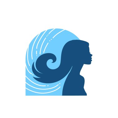 Kadın silueti. Uzun saçlı, siluetli, stilize edilmiş güzel bir kadın yüzü. Kadın saçı kaplıca salonu logosu ya da sembol.