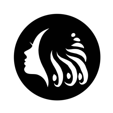 Kadın silueti. Uzun saçlı, siluetli, stilize edilmiş güzel bir kadın yüzü. Kadın saçı kaplıca salonu logosu ya da sembol.