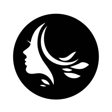 Kadın silueti. Uzun saçlı, siluetli, stilize edilmiş güzel bir kadın yüzü. Kadın saçı kaplıca salonu logosu ya da sembol.