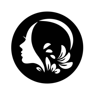Kadın silueti. Uzun saçlı, siluetli, stilize edilmiş güzel bir kadın yüzü. Kadın saçı kaplıca salonu logosu ya da sembol.