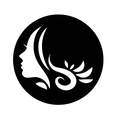 Kadın silueti. Uzun saçlı, siluetli, stilize edilmiş güzel bir kadın yüzü. Kadın saçı kaplıca salonu logosu ya da sembol.