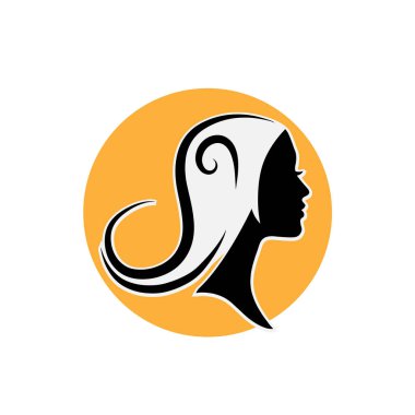 Kadın silueti. Uzun saçlı, siluetli, stilize edilmiş güzel bir kadın yüzü. Kadın saçı kaplıca salonu logosu ya da sembol.