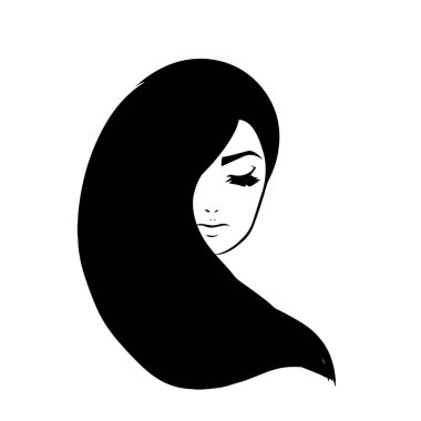 Kadın silueti. Uzun saçlı, siluetli, stilize edilmiş güzel bir kadın yüzü. Kadın saçı kaplıca salonu logosu ya da sembol.