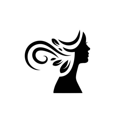 Kadın silueti. Uzun saçlı, siluetli, stilize edilmiş güzel bir kadın yüzü. Kadın saçı kaplıca salonu logosu ya da sembol.