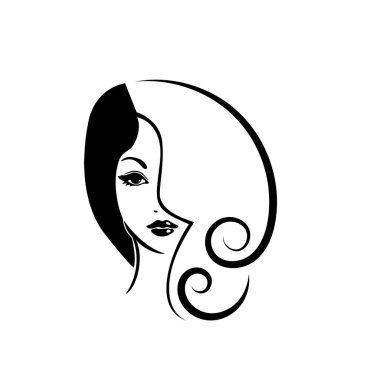 Kadın silueti. Uzun saçlı, siluetli, stilize edilmiş güzel bir kadın yüzü. Kadın saçı kaplıca salonu logosu ya da sembol.