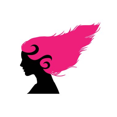 Kadın silueti. Uzun saçlı, siluetli, stilize edilmiş güzel bir kadın yüzü. Kadın saçı kaplıca salonu logosu ya da sembol.