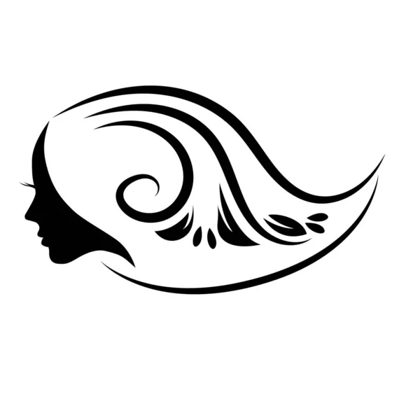 スタイルの長い髪のシルエットと美しい女性の顔 女性の美容室のロゴやシンボル — ストックベクタ