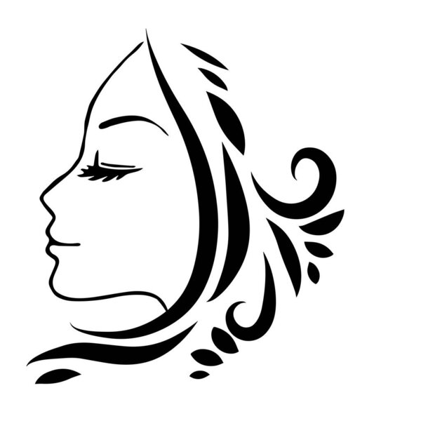 Pretty woman's face with a long hair silhouette. Female hair beauty spa salon logo or symbol. 