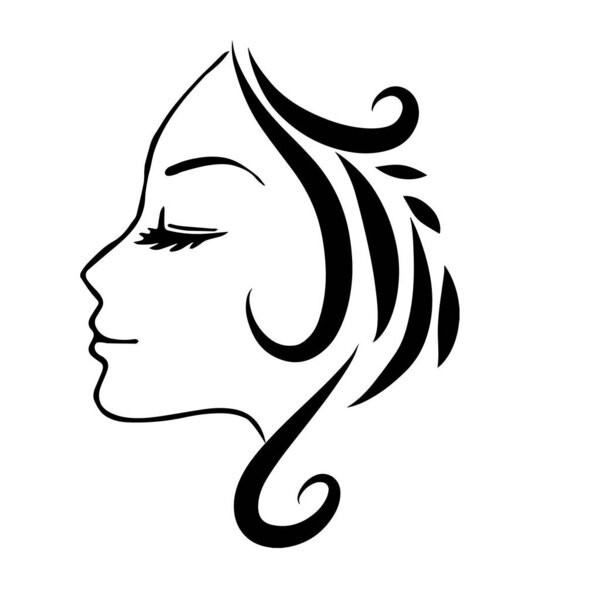 Pretty woman's face with a long hair silhouette. Female hair beauty spa salon logo or symbol. 