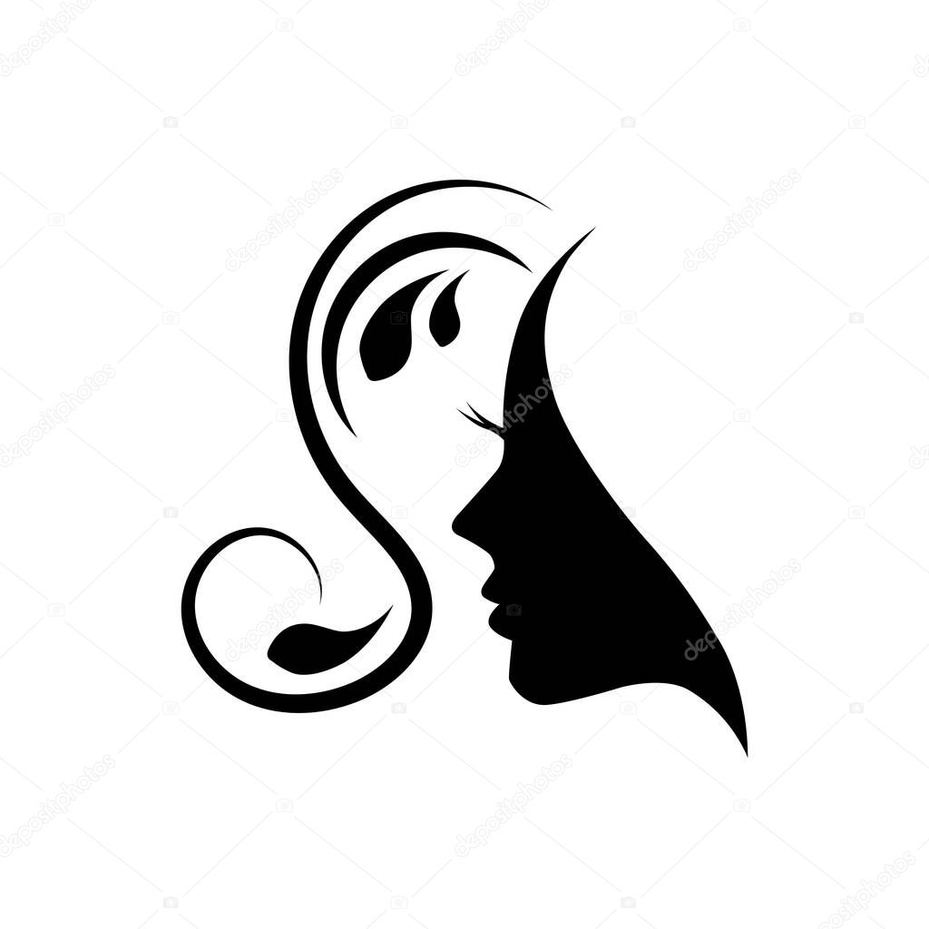 Stylized Beautiful woman's face with long hair silhouette. Women's hair salon logo or symbol.
